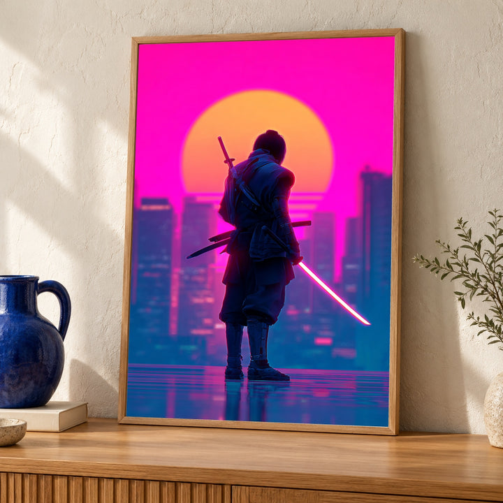 Samurai Neon Poster, Synthwave Warrior Print, Tokyo Cyberpunk Decor