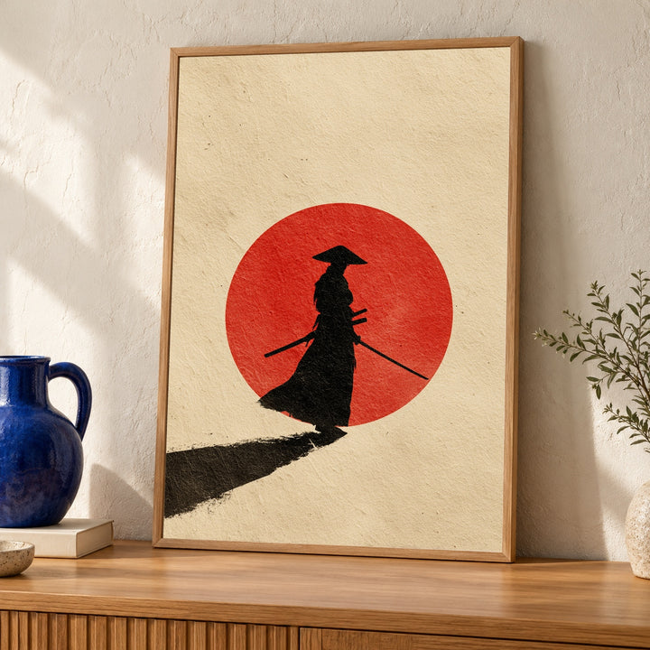 Minimalist Samurai Silhouette Poster, Vintage Japanese Rising Sun Wall Art, Katana Warrior Beige Retro Style Gloss Print