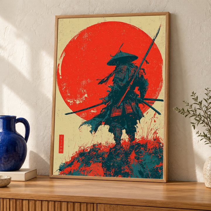 Retro Samurai Rising Sun Poster, Vintage Japanese Ukiyo-e Warrior Wall Art, Bold Ink Lines, Grainy Texture Gloss Print