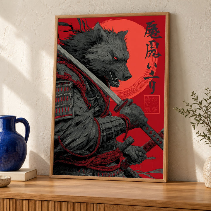Wolf Samurai Poster, Fierce Japanese Warrior Wall Art, Retro Katana Samurai Illustration, Vintage Japan Gloss Print