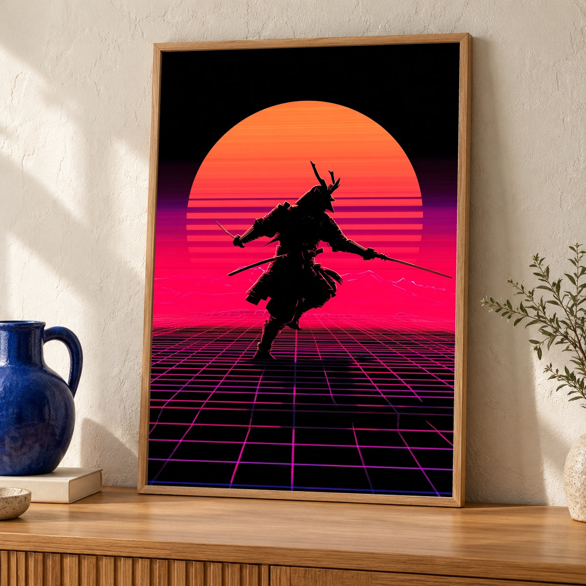 Synthwave Samurai Silhouette Poster, Retro 80s Vaporwave Sunset Grid Wall Art, Neon Warrior Japanese Gloss Print — oak frame room mockup