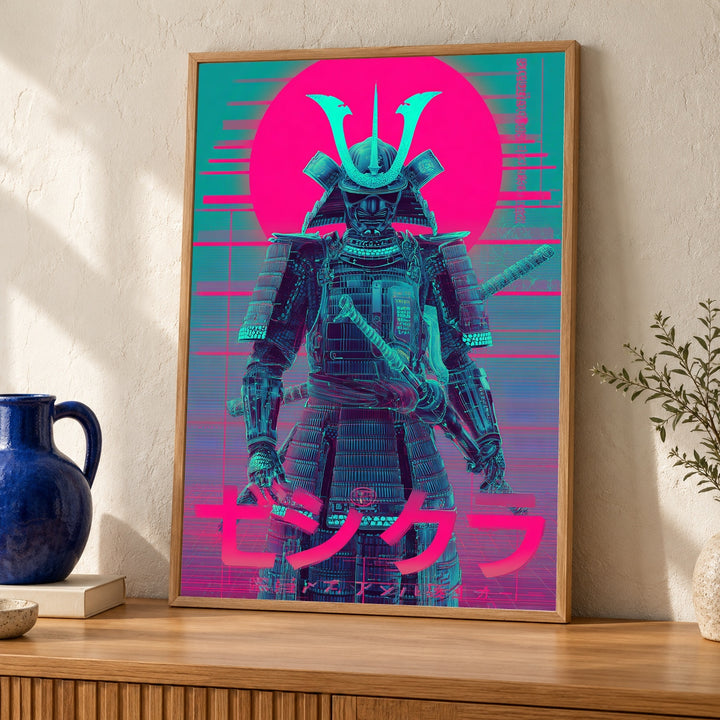 Futuristic Samurai Hologram Poster, Retro Sci-Fi Japanese Wall Art, Neon Warrior Design, Cyberpunk Gloss Print