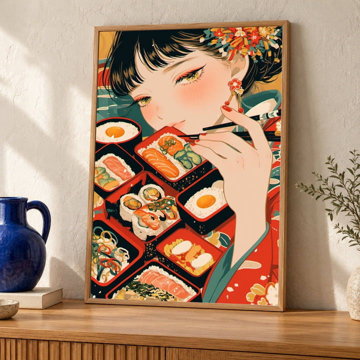 Cute Anime Bento Box Poster Print, Vintage Japanese Packaging Style, Kawaii Food Illustration, Nostalgic Retro Anime Wall Art
