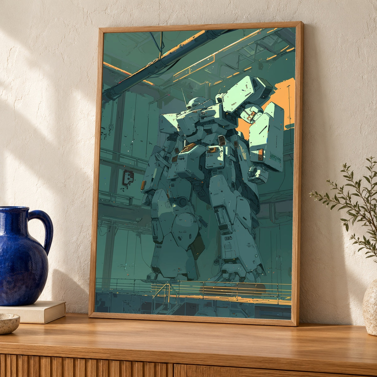 Retro Mecha Wall Art, 80s Anime Robot Hangar Print — oak frame room mockup