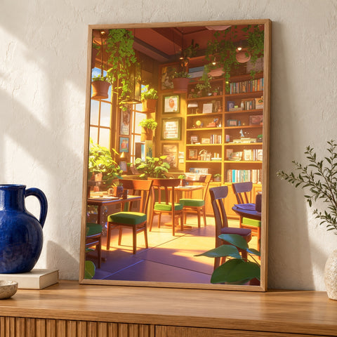 Retro Anime Café Art, Cozy Bookshop Interior Poster, Nostalgic Vintage Print — oak frame room mockup