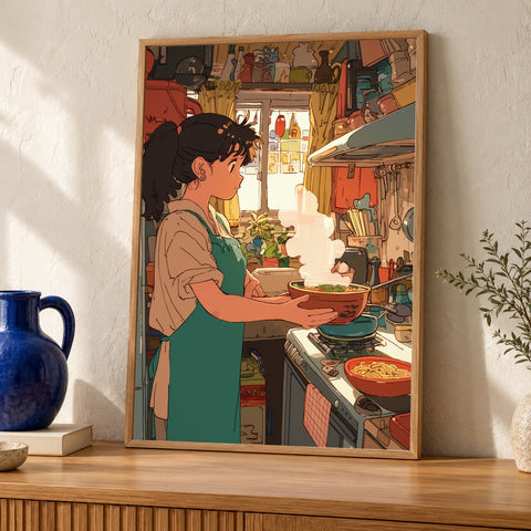 Retro Anime Kitchen Print, Steaming Ramen Bowl Poster — oak frame room mockup