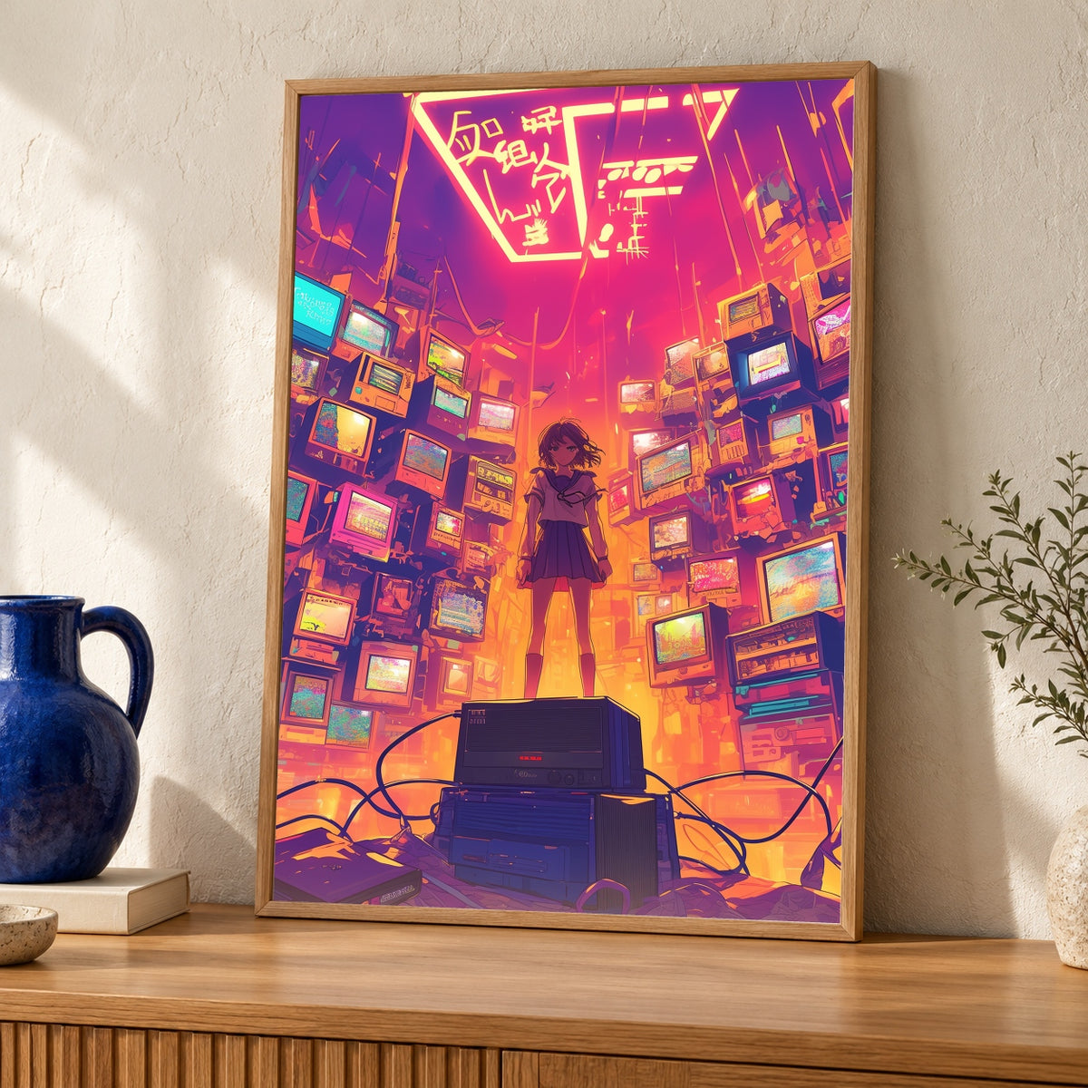 Retro Anime Wall Art, 90s VHS Rental Store Print, Neon Gamer Poster — oak frame room mockup