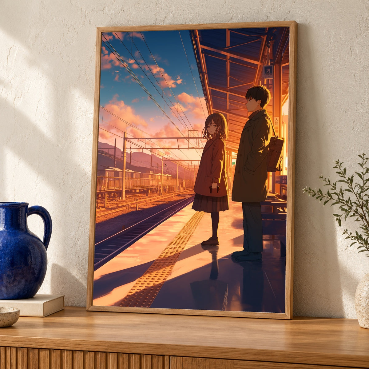 Retro Anime Train Station, Nostalgic Sunset Scene Print — oak frame room mockup