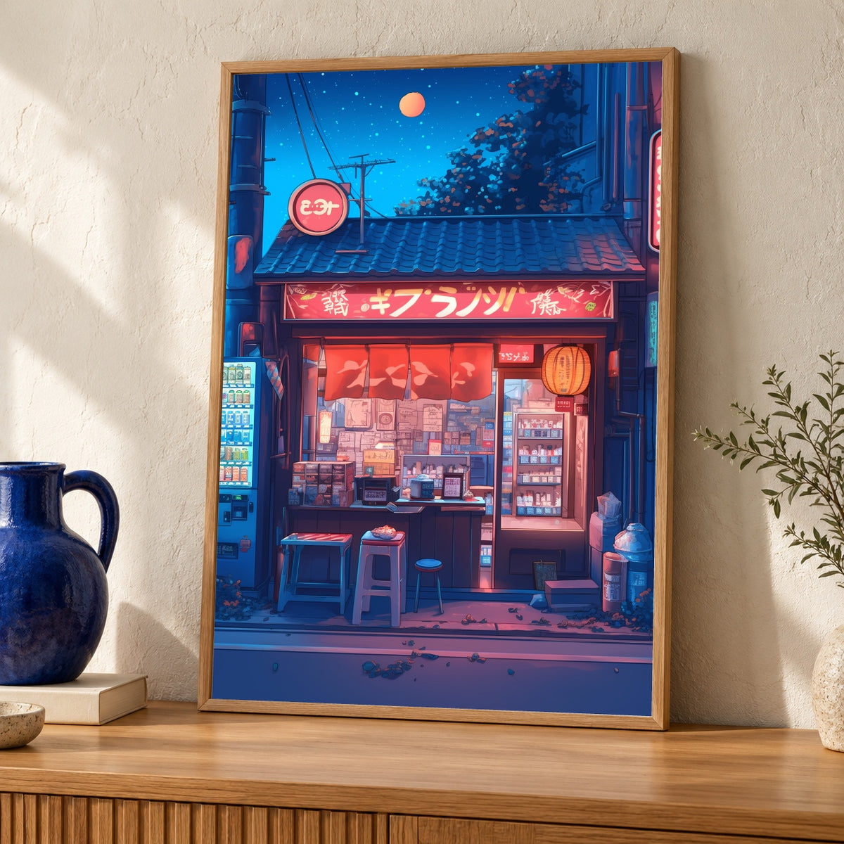 Tokyo Poster, Retro Anime Convenience Store Print, Neon Night Scene — oak frame room mockup