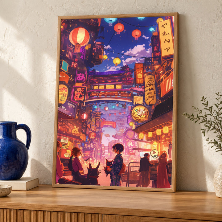 Tokyo Night Market, Retro Anime Street Art Print, Glowing Lanterns Poster