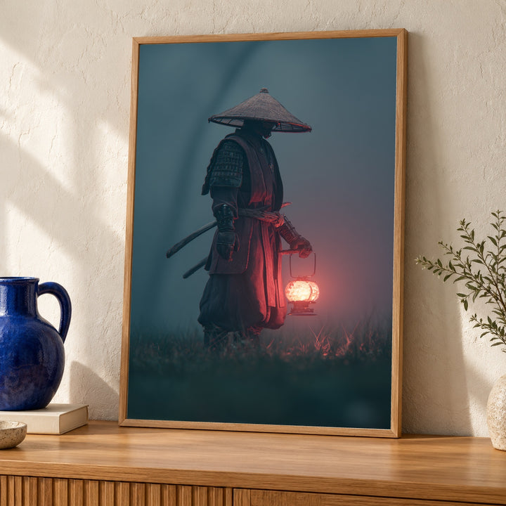 Samurai Lantern Poster, Glowing Night Warrior Wall Art, Vintage Japanese Samurai Illustration, Retro Gloss Print
