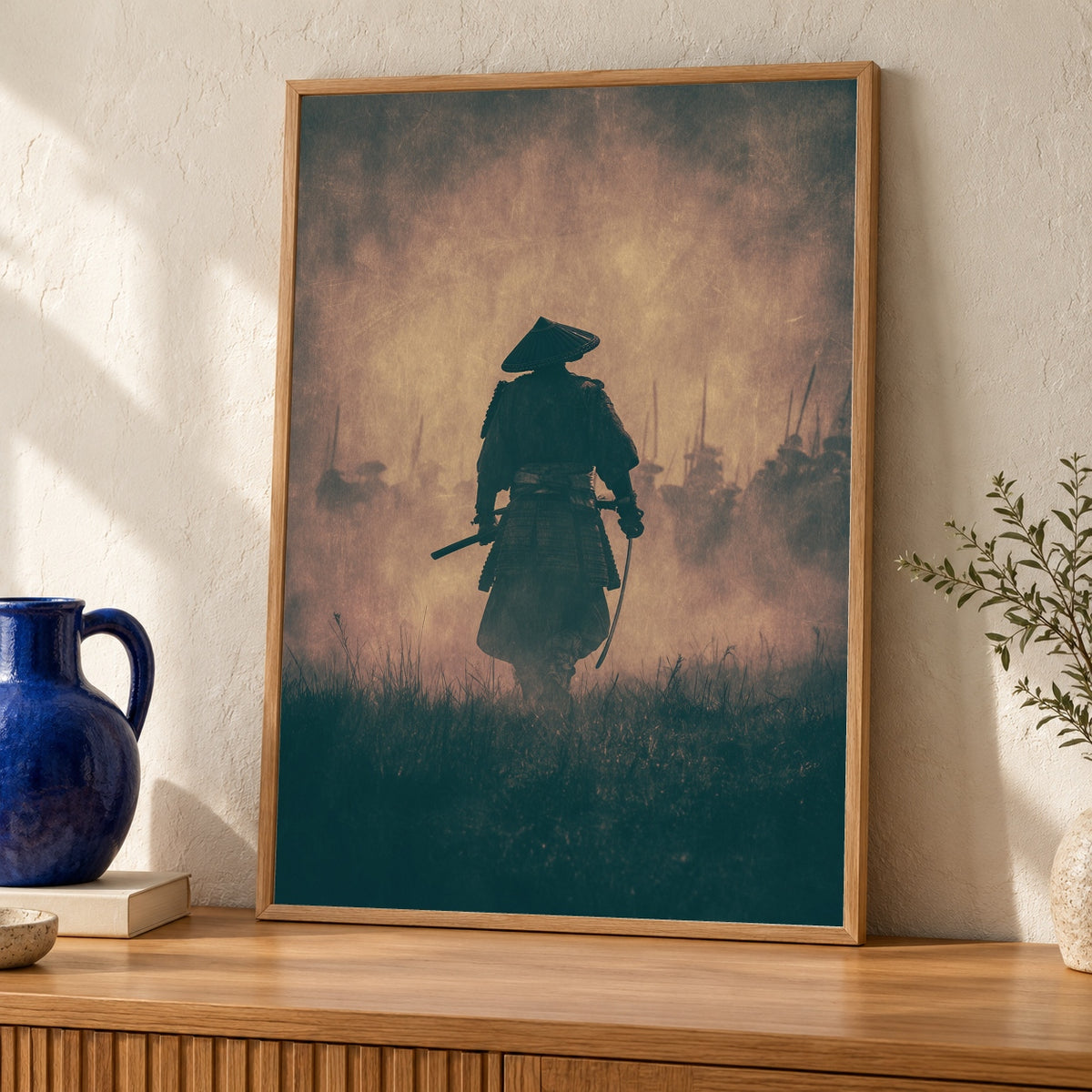 Dramatic Samurai Battlefield Poster, Misty Warrior Wall Art, Cinematic Vintage Japanese Style, Grainy Retro Gloss Print — oak frame room mockup