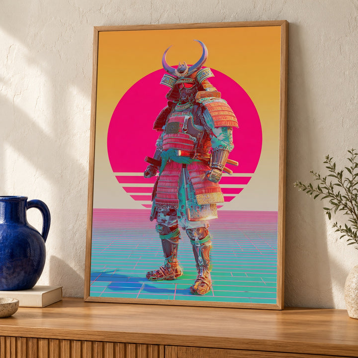 Vaporwave Samurai Art, Retro 80s Japanese Warrior Print