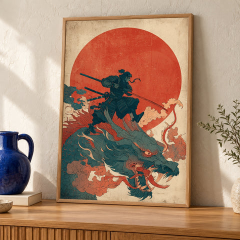 Samurai Dragon Art, Ukiyo-e Warrior Print, Retro Japanese Poster — oak frame room mockup
