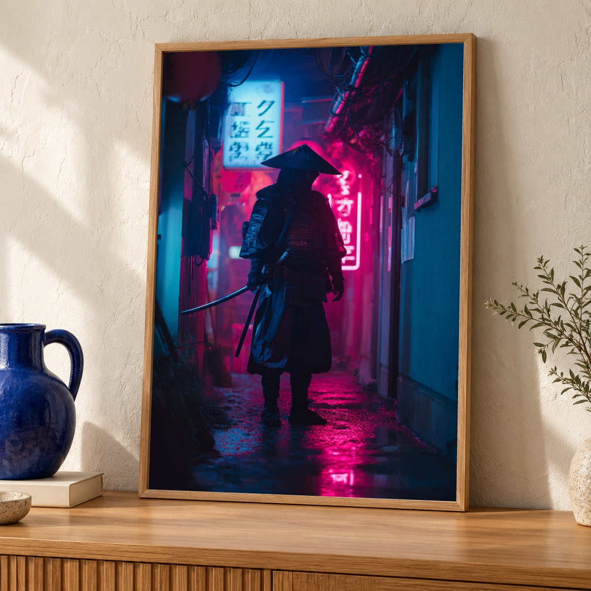 Neon Samurai Rainy Alley Poster, Retro 80s Cyberpunk Tokyo Wall Art, Cinematic Warrior Scene, Futuristic Gloss Print — oak frame room mockup
