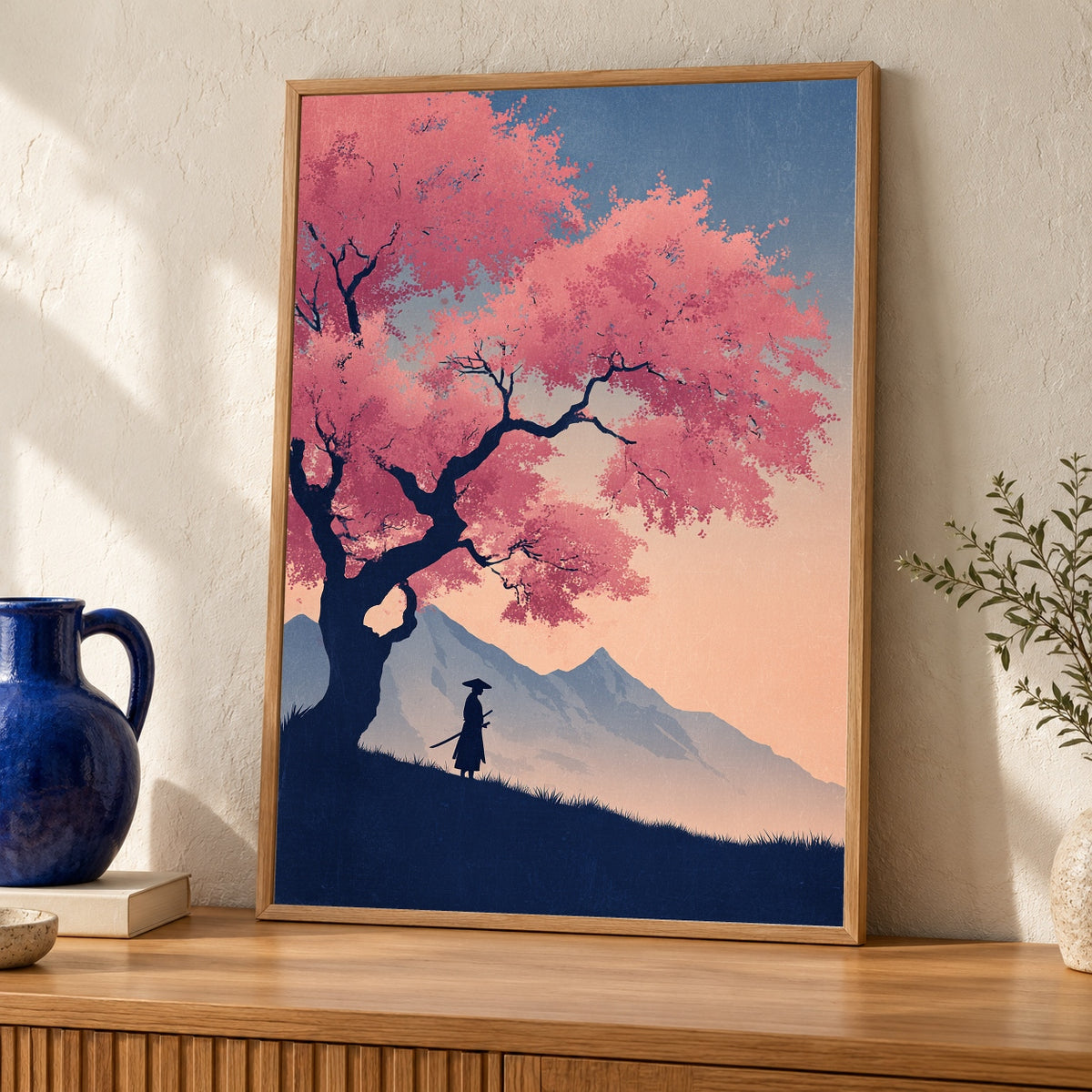 Lone Samurai Sakura Poster, Vintage Japanese Travel Wall Art, Cherry Blossom Warrior Scene, Pastel Retro Gloss Print — oak frame room mockup