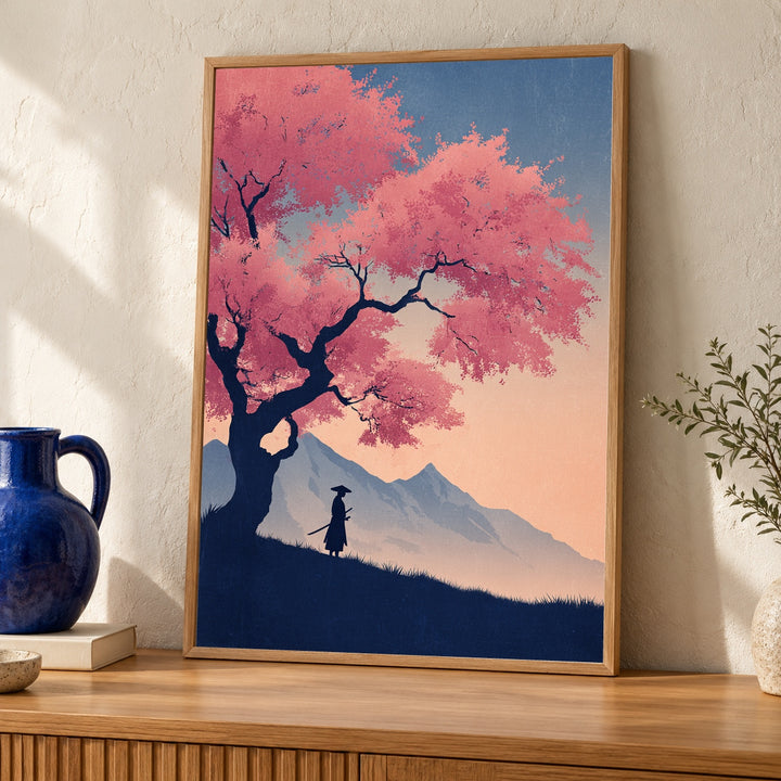 Lone Samurai Sakura Poster, Vintage Japanese Travel Wall Art, Cherry Blossom Warrior Scene, Pastel Retro Gloss Print