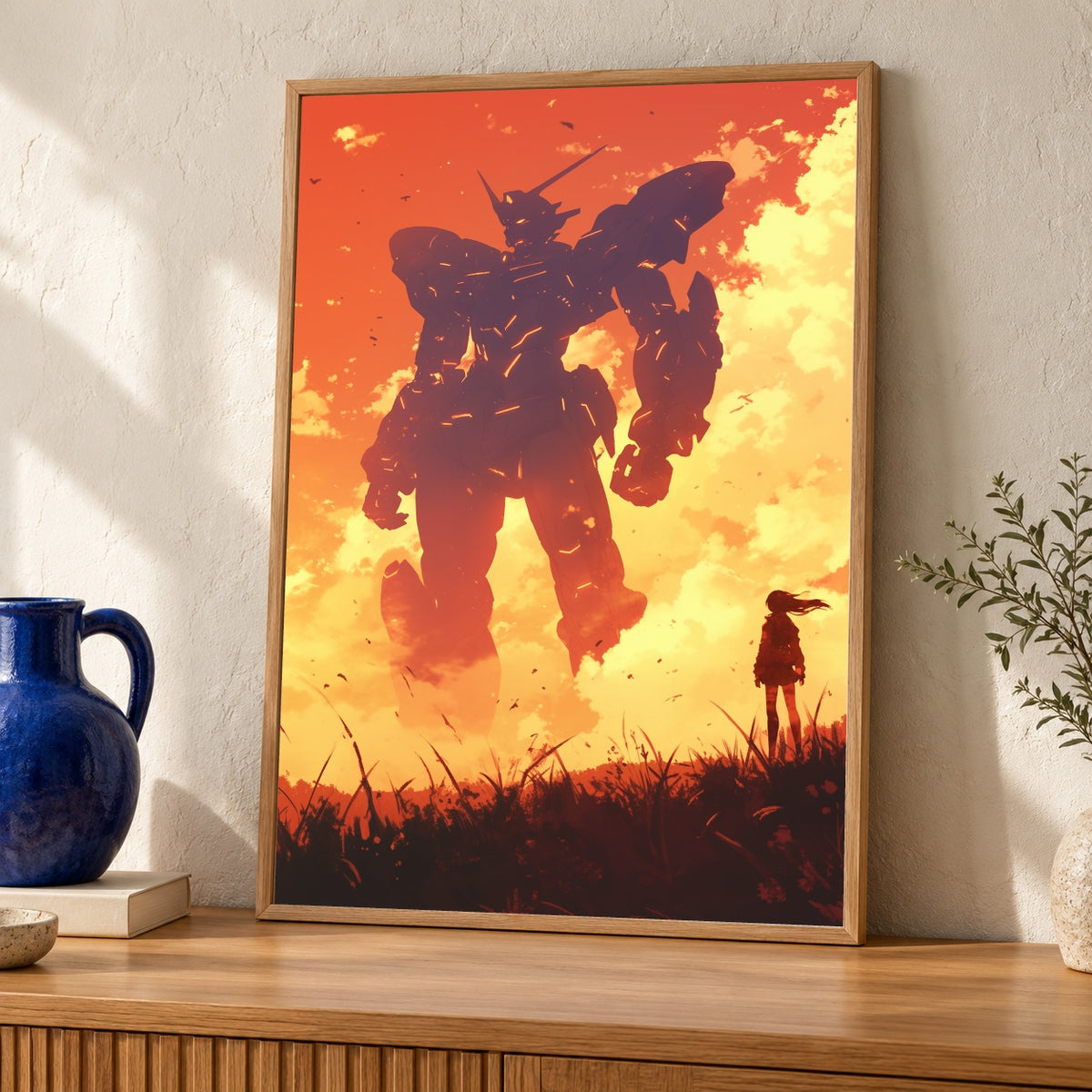 retro anime mech art, Giant Robot Silhouette Sunset Print — oak frame room mockup