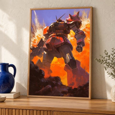 Retro Mecha Wall Art, 80s Anime Robot Battle Print — oak frame room mockup