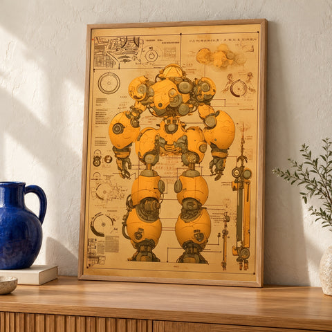 Retro Robot Art, Anime Mech Blueprint, Technical Diagram Poster — oak frame room mockup