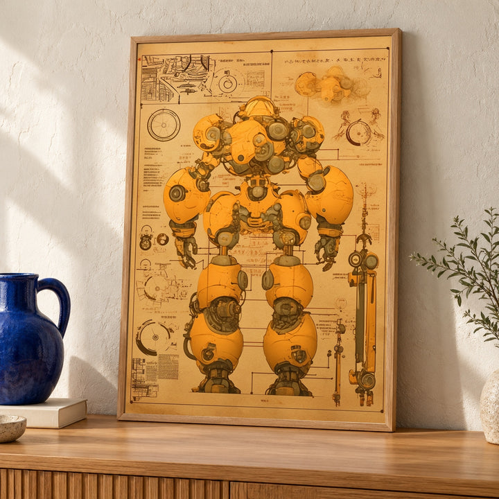 Retro Robot Art, Anime Mech Blueprint, Technical Diagram Poster