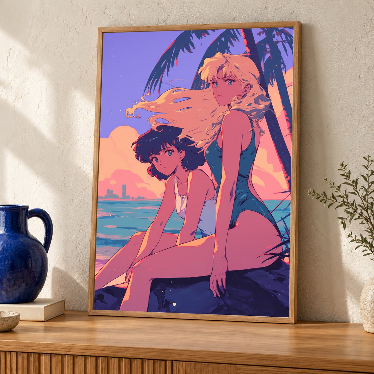 Retro Wall Art, 80s Anime Beach, City Pop, Tokyo Poster — oak frame room mockup