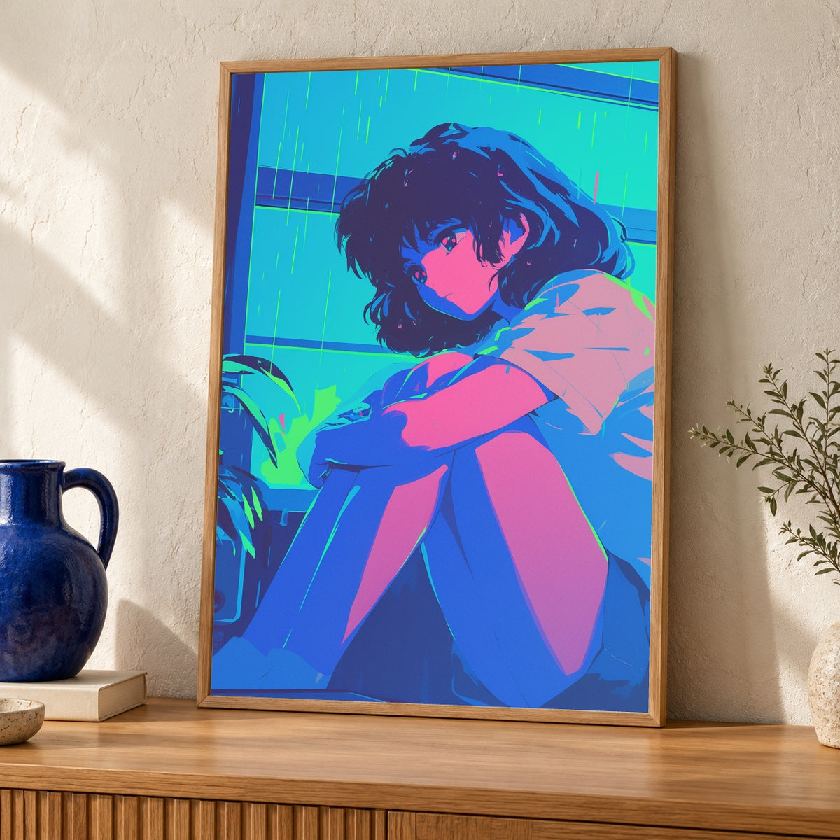Retro Anime Wall Art, Neon CRT Girl Print, VHS Nostalgia Poster — oak frame room mockup