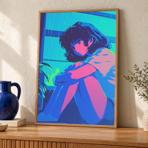 Retro Anime Wall Art, Neon CRT Girl Print, VHS Nostalgia Poster — oak frame room mockup