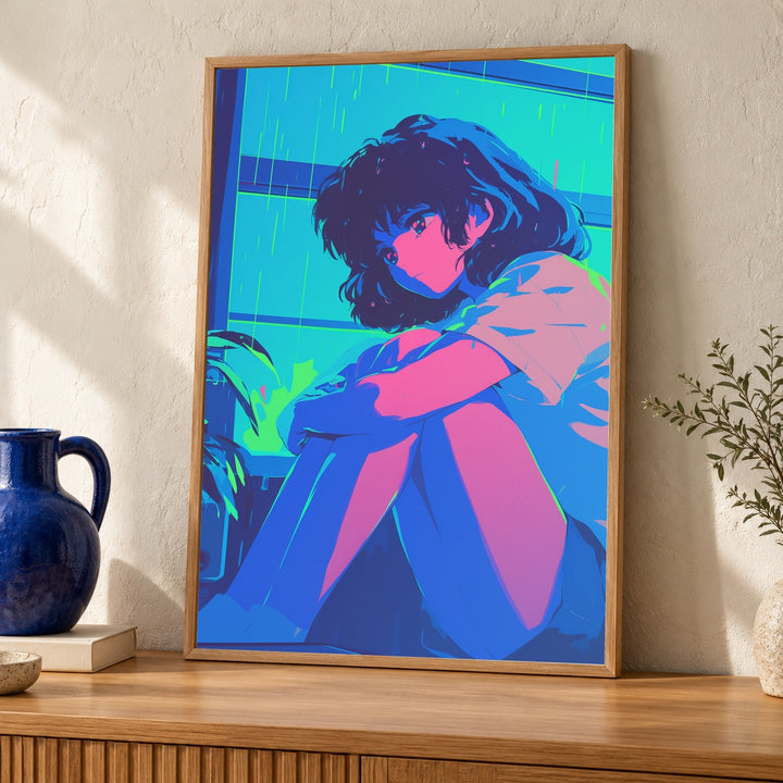 Retro Anime Wall Art, Neon CRT Girl Print, VHS Nostalgia Poster