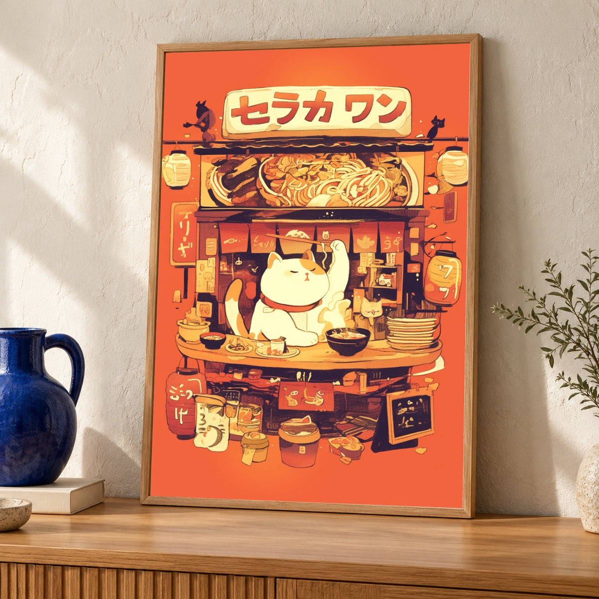 Retro Anime Cat Print, Japanese Ramen Stall Poster — oak frame room mockup