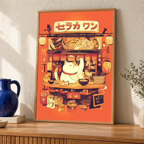 Retro Anime Cat Print, Japanese Ramen Stall Poster — oak frame room mockup