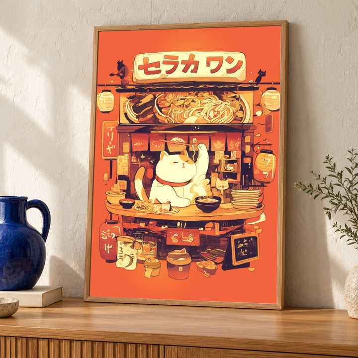 Retro Anime Cat Print, Japanese Ramen Stall Poster
