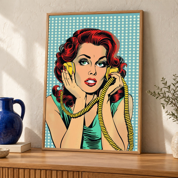 Retro Pop Art Print, Comic Halftone Woman Phone Poster