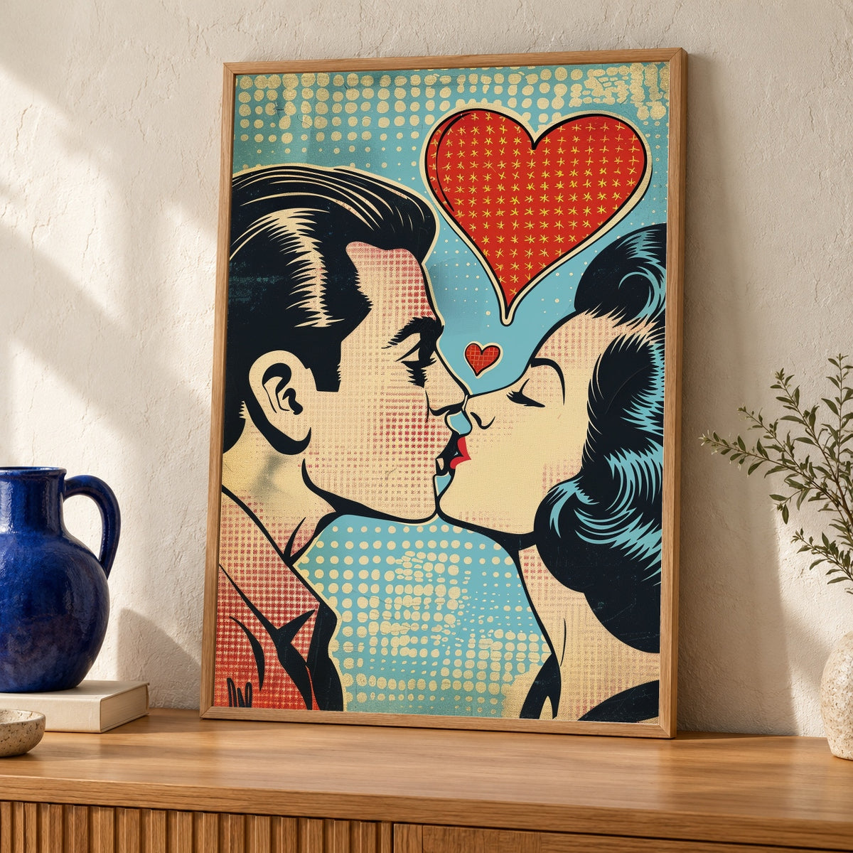 Retro Pop Art Print, 1950s Comic Couple Kissing, Vintage Romance Poster — oak frame room mockup