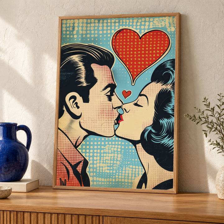 Retro Pop Art Print, 1950s Comic Couple Kissing, Vintage Romance Poster