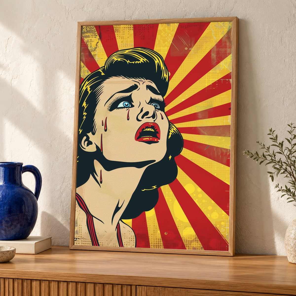 Retro Pop Art Print, 1960s Comic Crying Girl, Dramatic Vintage Poster — oak frame room mockup