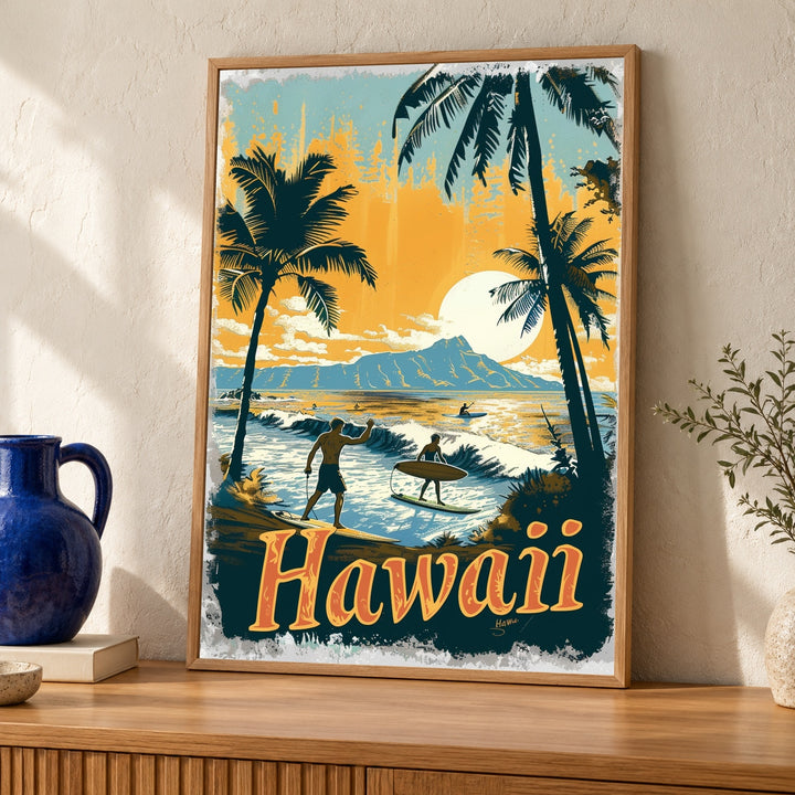 Retro Travel Poster, Vintage Hawaii Surfer Print, Mid-Century Palm