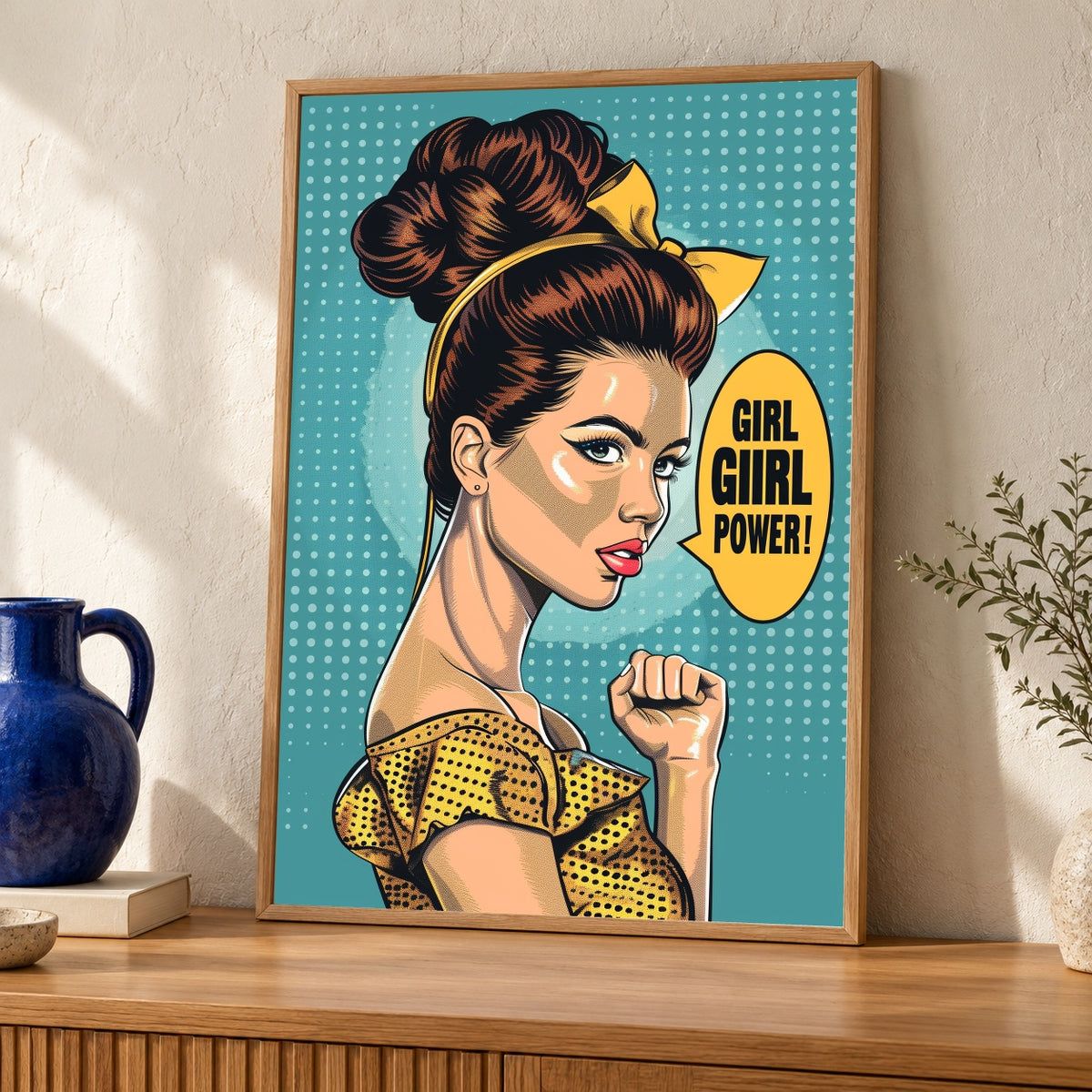 Girl Power Wall Art, Retro Pop Poster, Feminist Print — oak frame room mockup