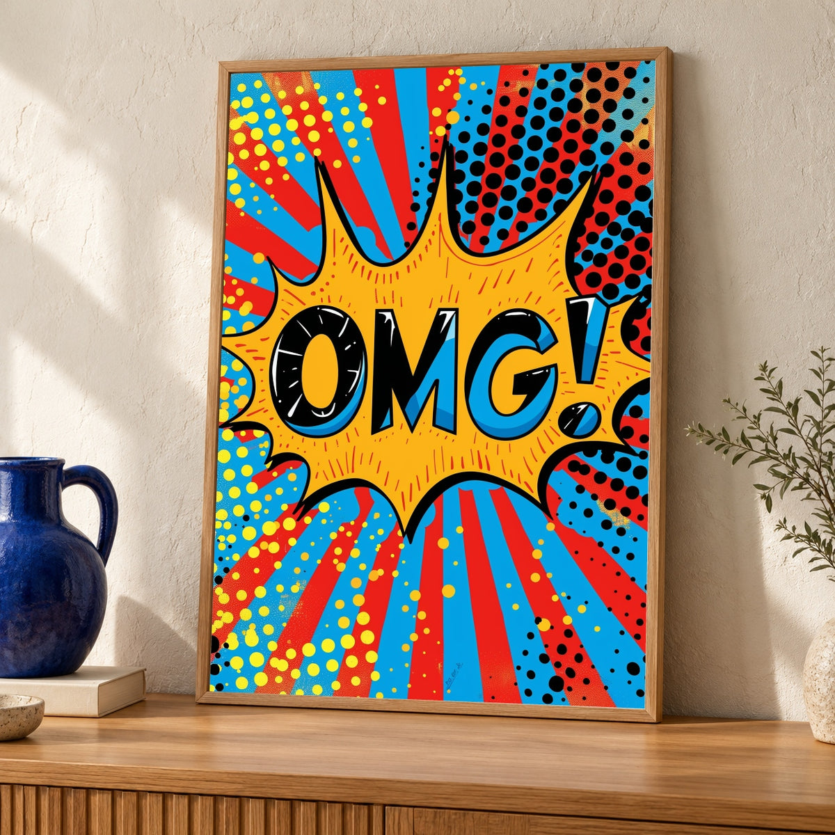 Retro Pop Art Print, OMG Comic Speech Bubble Poster, Halftone Dots — oak frame room mockup