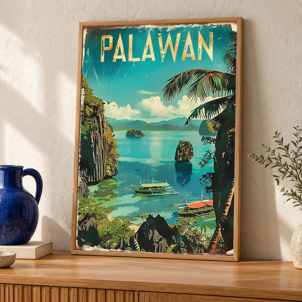 Retro Travel Poster, El Nido Palawan Print, Limestone Cliffs — oak frame room mockup