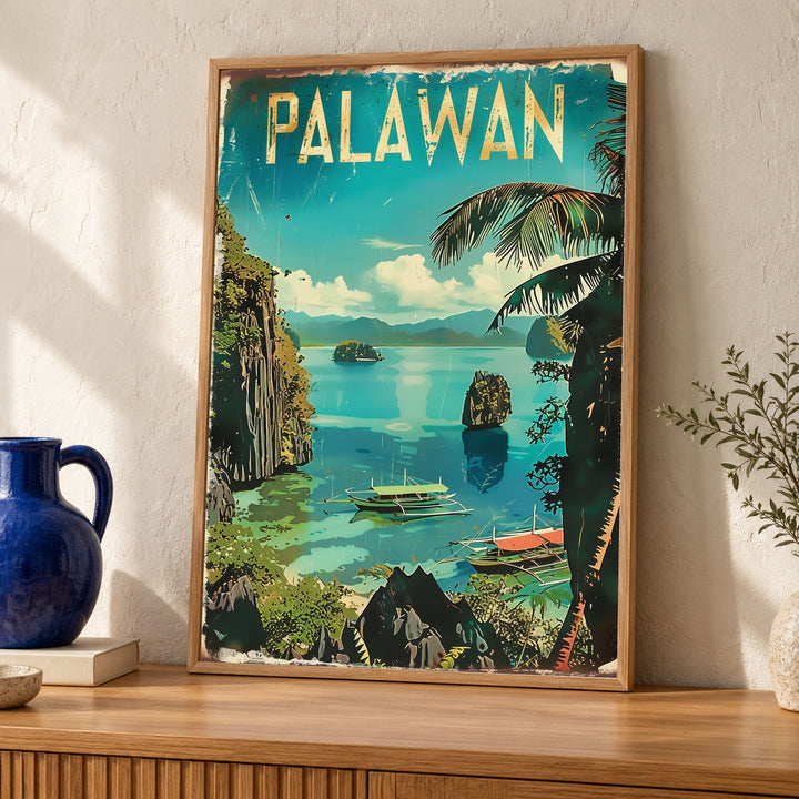 Retro Travel Poster, El Nido Palawan Print, Limestone Cliffs
