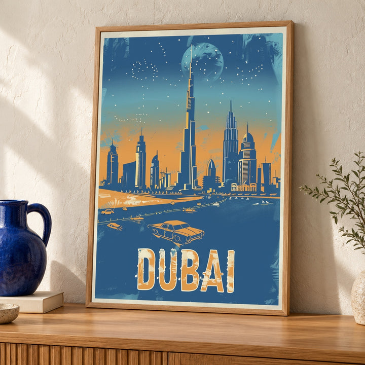 Dubai Skyline Print, Vintage Retro Poster, Burj Khalifa Decor