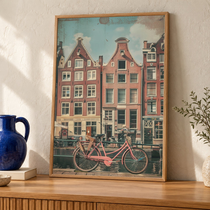 Retro Travel Poster, Amsterdam Canal Houses Print, Vintage Bicycle