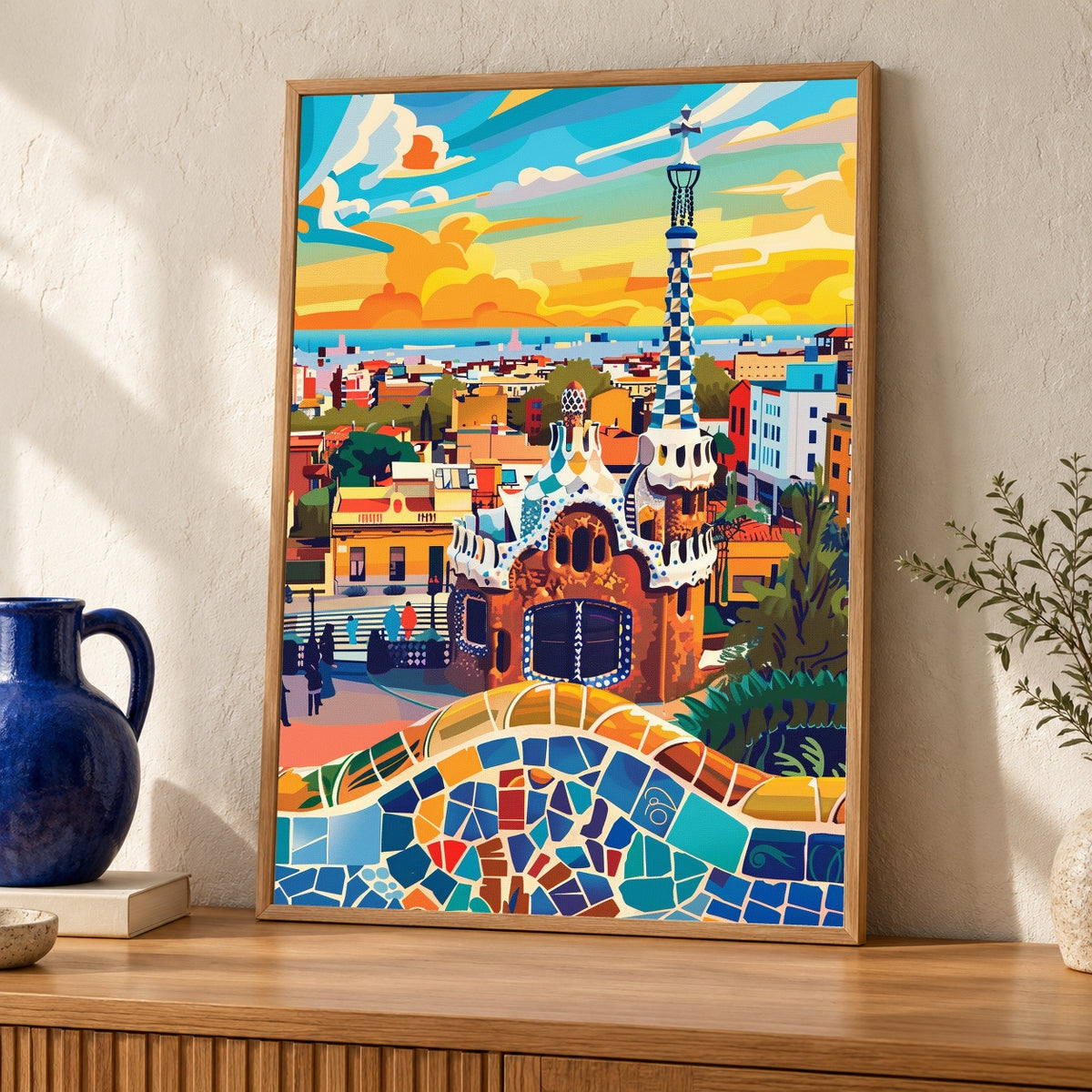 Retro Travel Poster, Barcelona Gaudi Architecture Print — oak frame room mockup