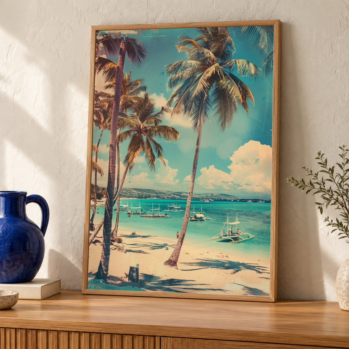 Retro Travel Poster, Vintage Boracay Philippines Beach Print — oak frame room mockup