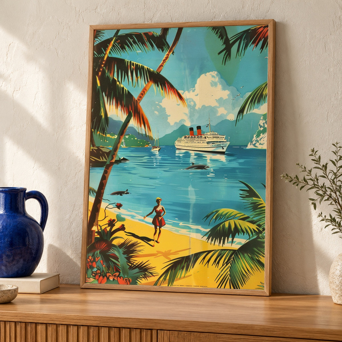 Retro Travel Poster, 1950s Caribbean Cruise Ocean Liner — oak frame room mockup
