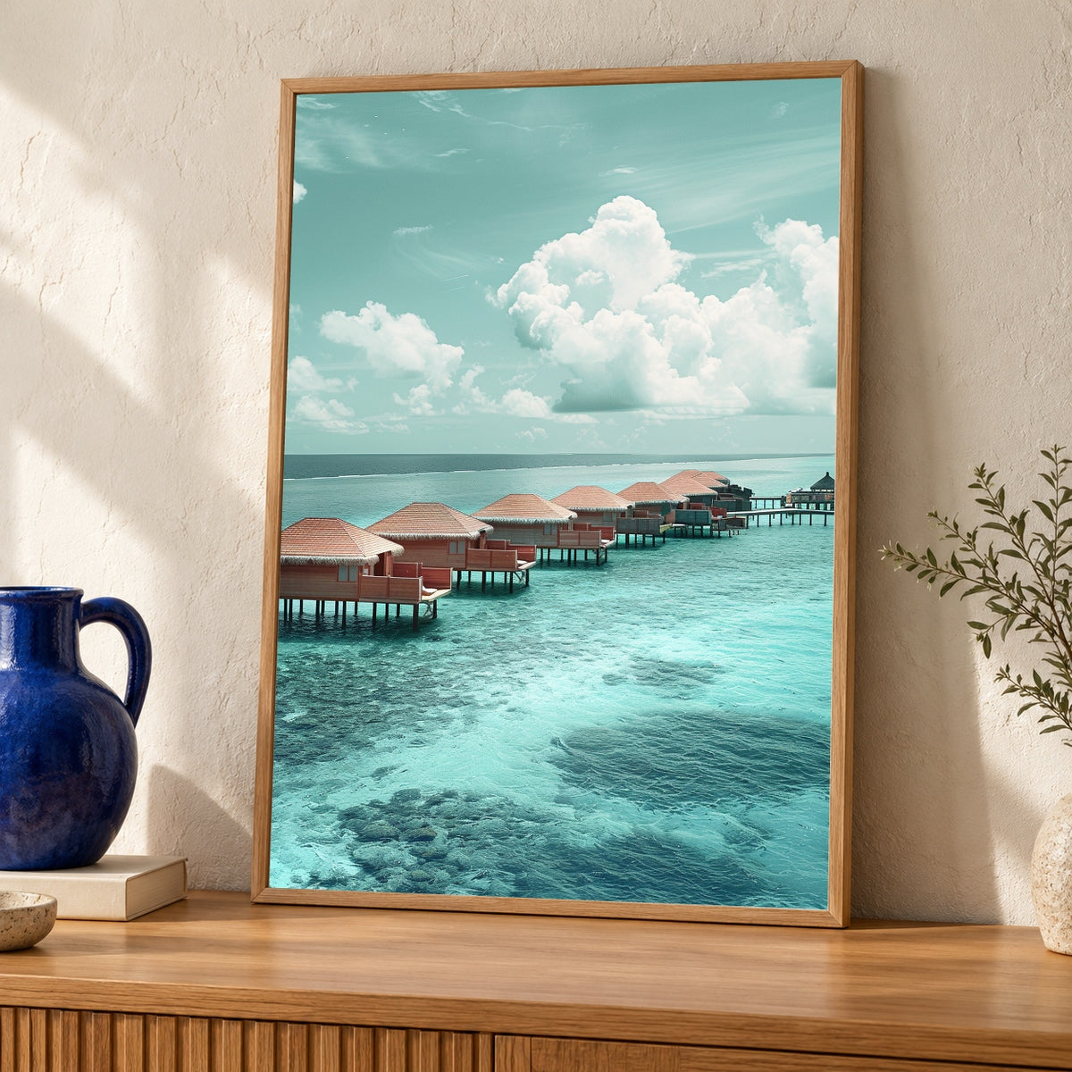 Retro Travel Poster, Maldives Overwater Villas Print, Turquoise Ocean — oak frame room mockup