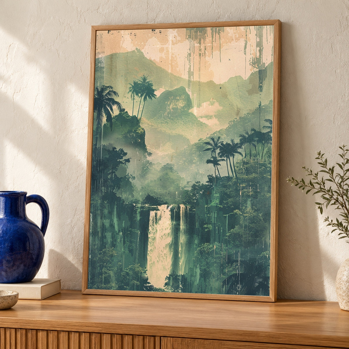 Retro Travel Poster, Vintage Bali Jungle Waterfall Print — oak frame room mockup