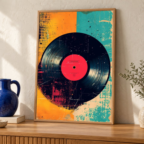 Retro Vinyl Record Art, Bold Pop Music Poster, Vintage 1960s Print — oak frame room mockup