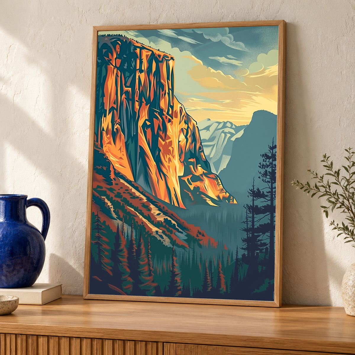 Yosemite Wall Art, WPA Style Vintage National Park Poster — oak frame room mockup